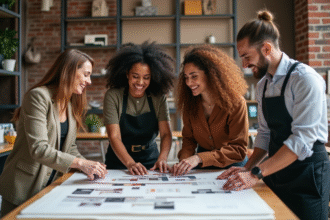 Quatre professionnels de la mode autour d'un plan de travail