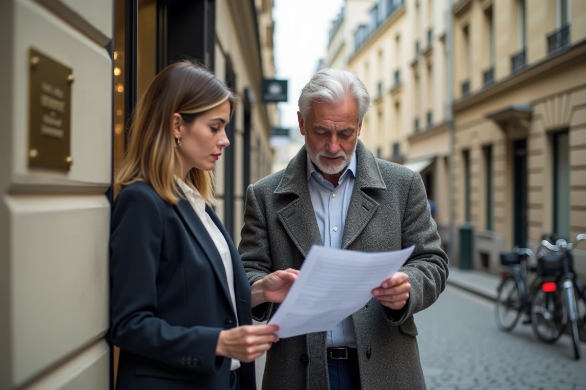 Propriétaires devant un office notarial consultant un acte de propriété en lien avec l'article 544 du Code civil