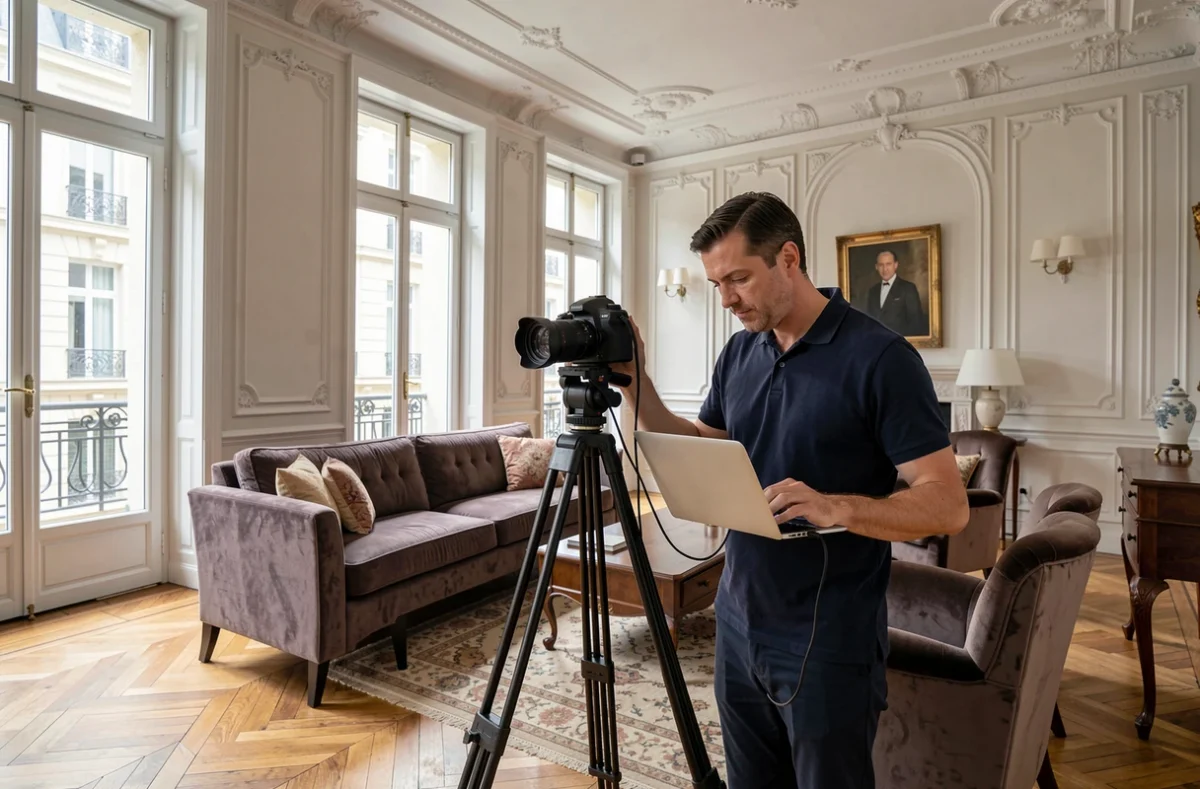 Raphaël Bermont photographe immobilier installant un trépied dans un appartement haussmannien à Amiens