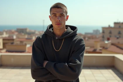 Portrait d'un jeune rappeur marseillais en hoodie sombre sur un rooftop avec vue panoramique sur la ville