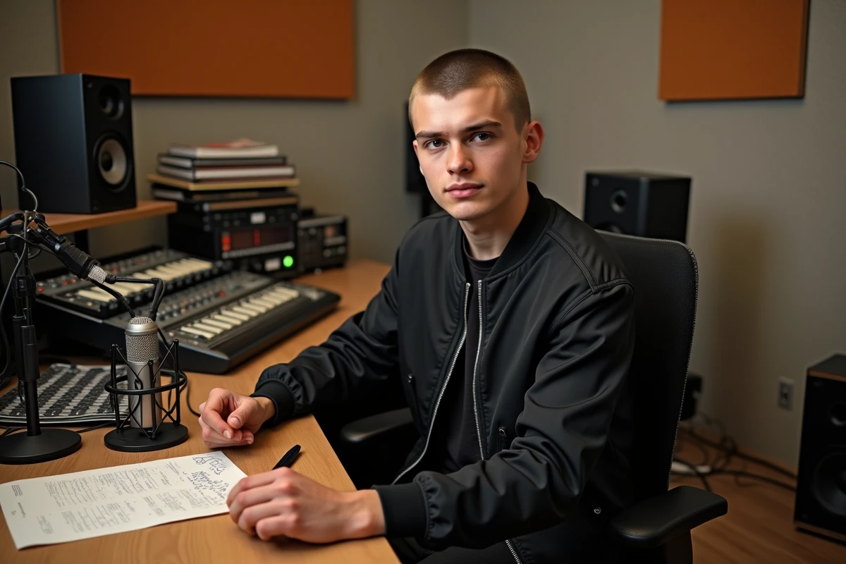 Rappeur en studio d'enregistrement entouré de matériel musical et de feuilles de paroles manuscrites