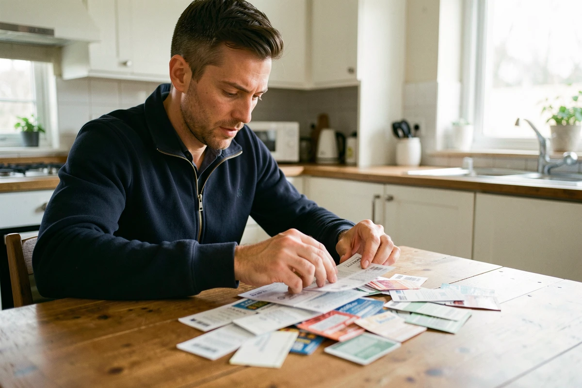Homme cherchant une vignette Intermarché perdue parmi des tickets de caisse à la maison