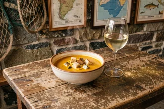 Bol de soupe de poisson traditionnelle servi dans un restaurant breton de Concarneau, avec croutons et rouille sur table en bois rustique