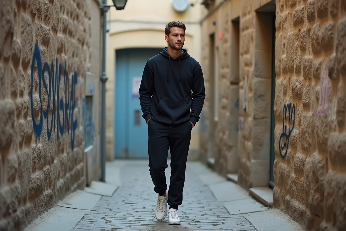 Jeune rappeur marchant seul dans une ruelle pavée du quartier historique de Marseille avec graffitis