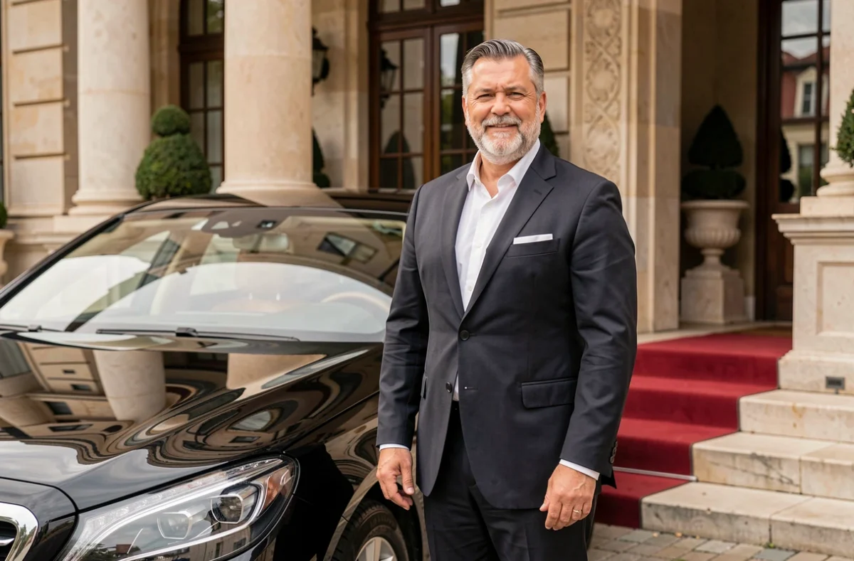 Chauffeur Sebbari VTC distingué en costume élégant avec pochette devant une berline noire à l'entrée d'un hôtel de prestige à Rouen