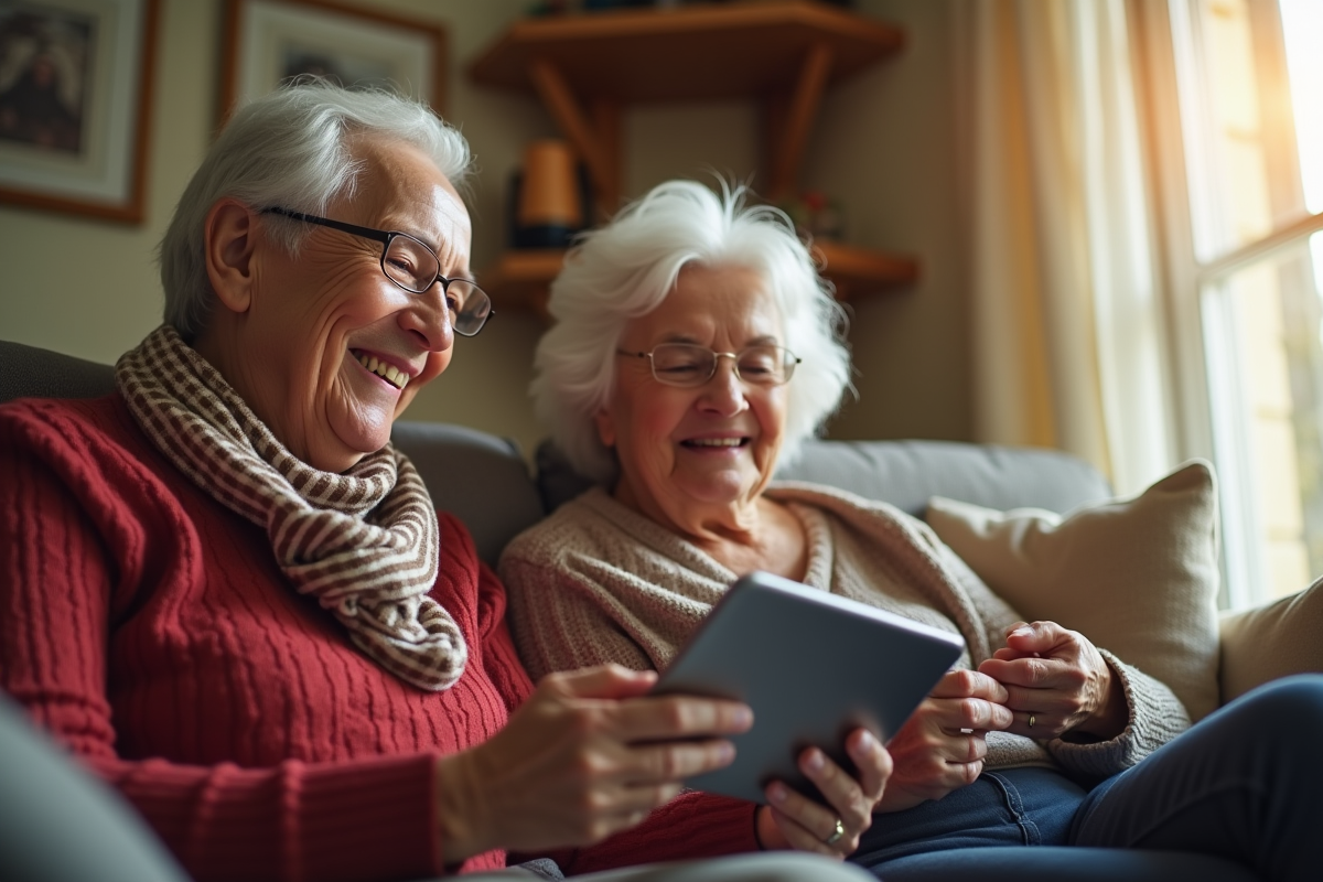 Personnes âgées en visioconférence avec famille sur tablette