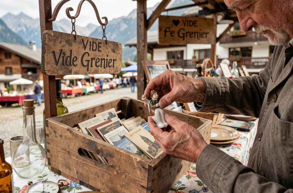 Détail d'un stand de vide grenier en Haute-Savoie avec objets de brocante vintage et mains de vendeur