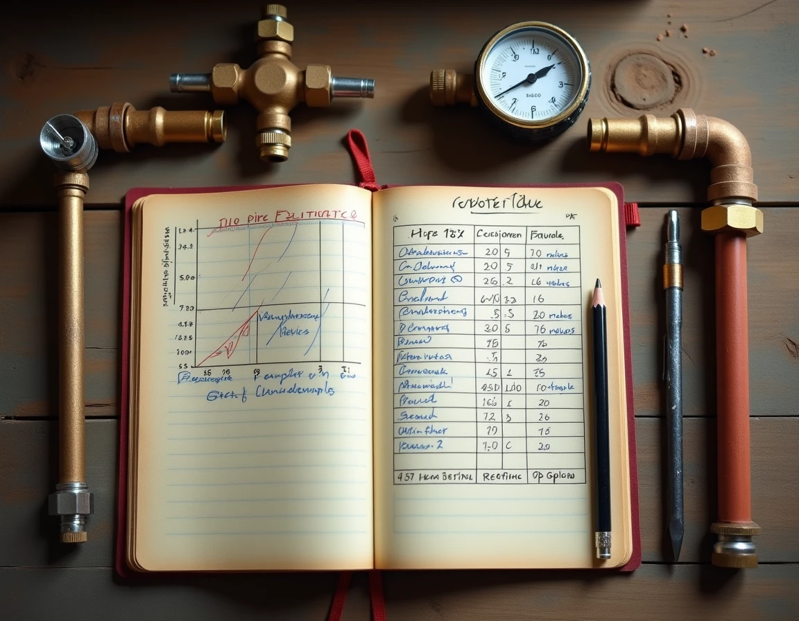 Vue en plongée d'un tableau de conversion m3 et litres posé sur un plan de travail de plombier avec des outils professionnels