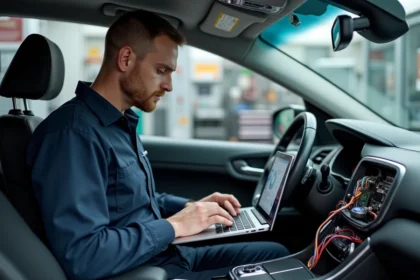 Technicien automobile étudiant un tableau de bord électronique