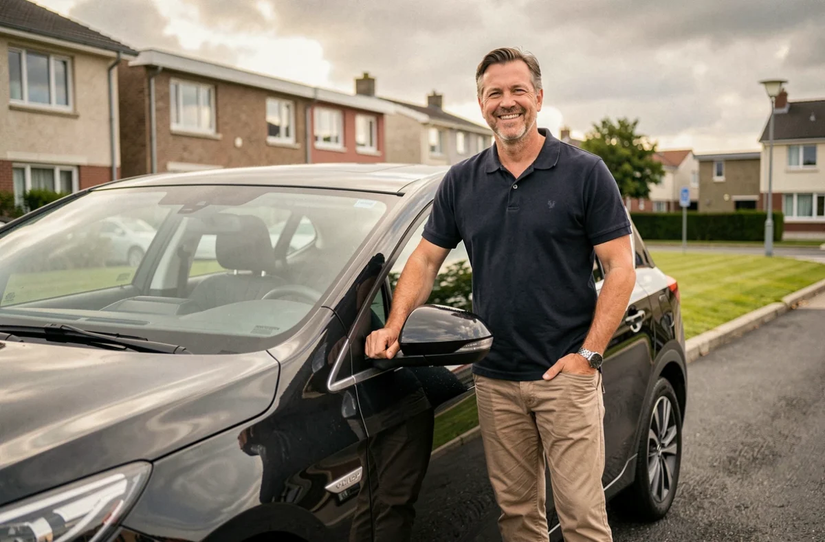 Chauffeur Thierry Courses VTC souriant en polo sombre à côté d'un monospace noir dans un quartier résidentiel