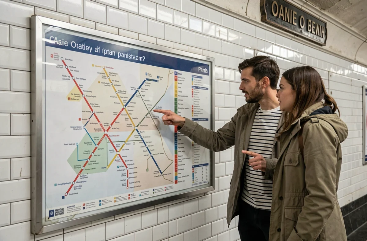 Deux touristes consultant ensemble un plan de métro affiché dans une station parisienne