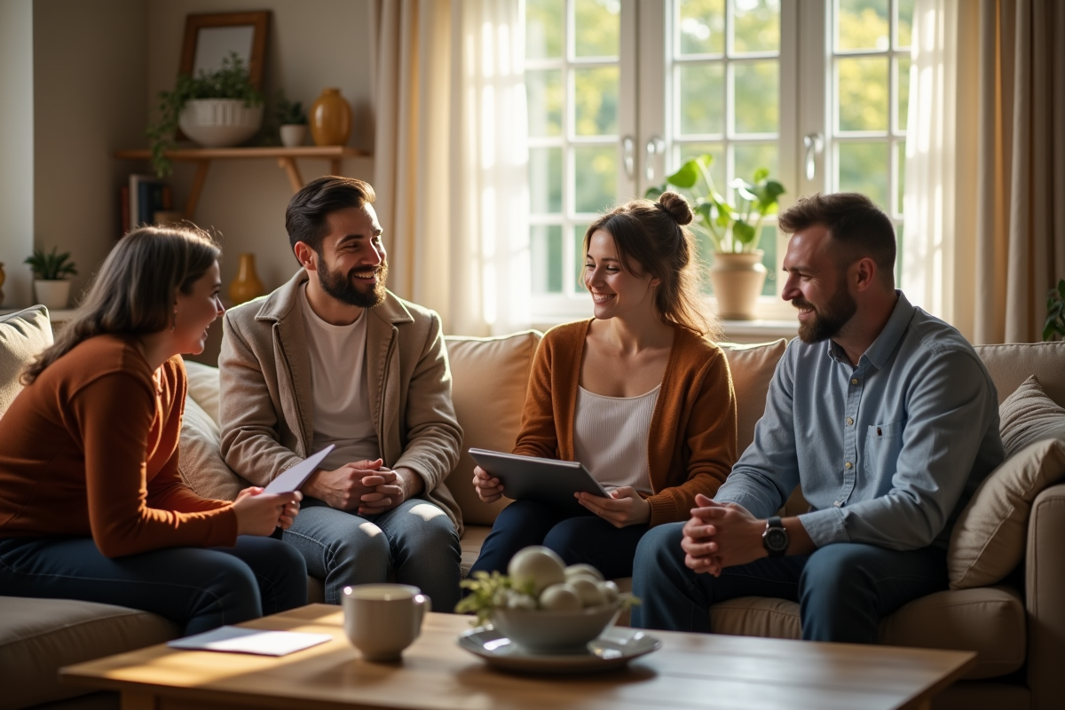 Travailleur social avec famille multigeneration dans un salon lumineux