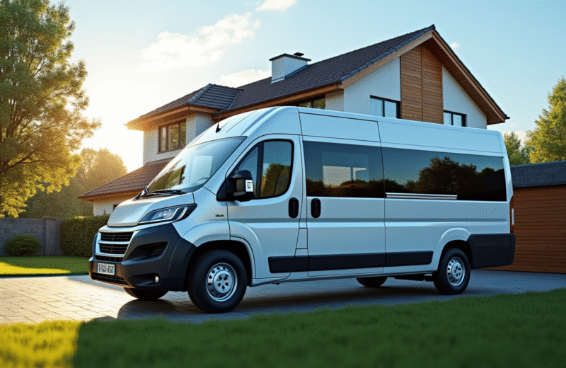 Van nineseater propre devant une maison moderne en banlieue