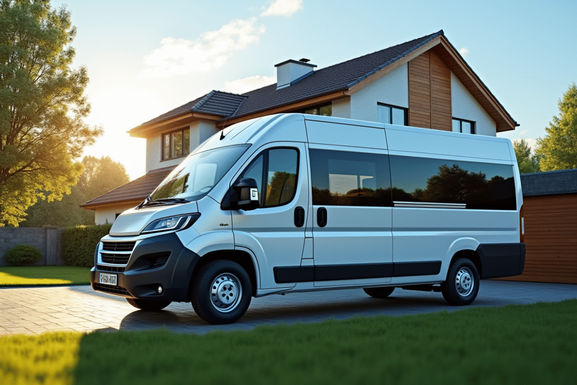 Van nineseater propre devant une maison moderne en banlieue