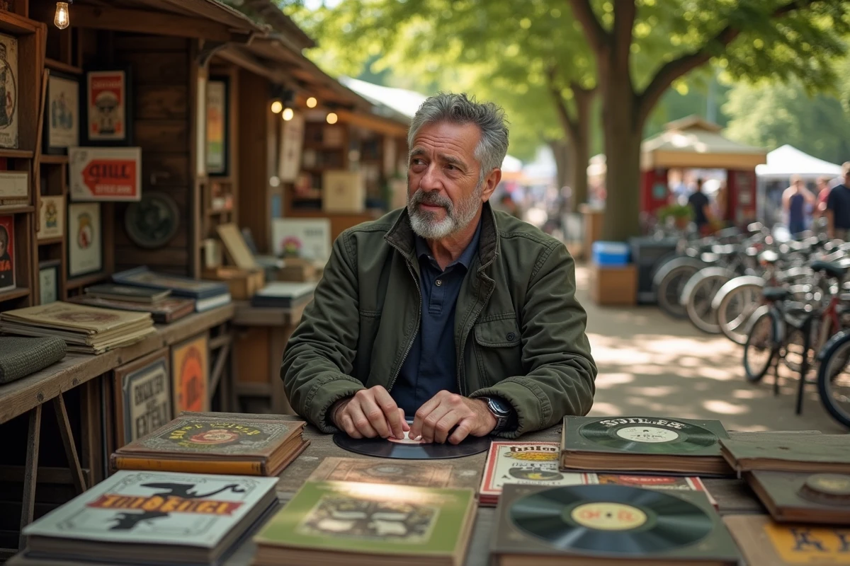 Vendeur installé derrière son stand de vide-grenier avec disques vinyles et livres anciens lors d'un marché de l'occasion dans l'Yonne