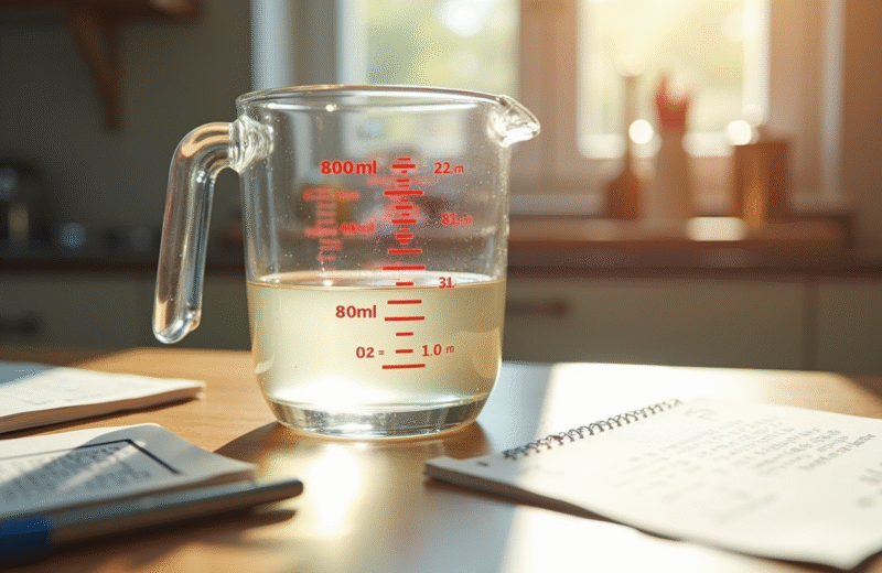 Verre mesureur rempli à 800 ml sur plan de cuisine lumineux