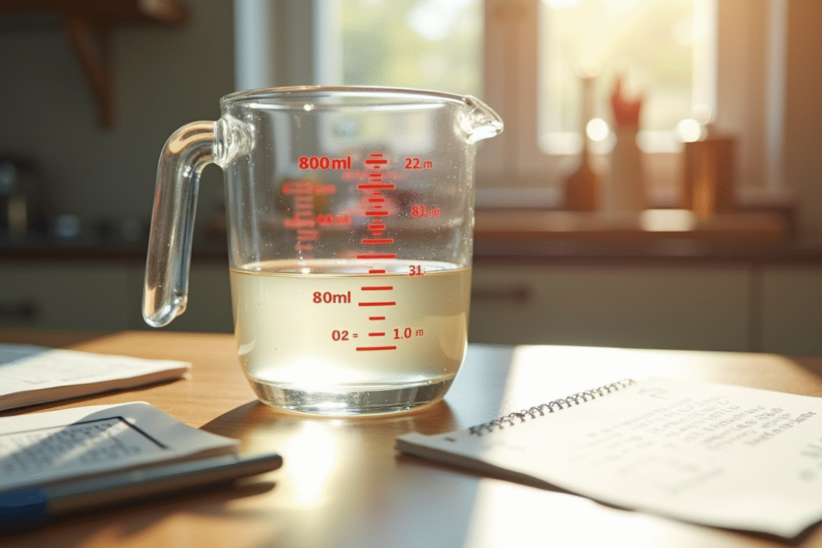 Verre mesureur rempli à 800 ml sur plan de cuisine lumineux