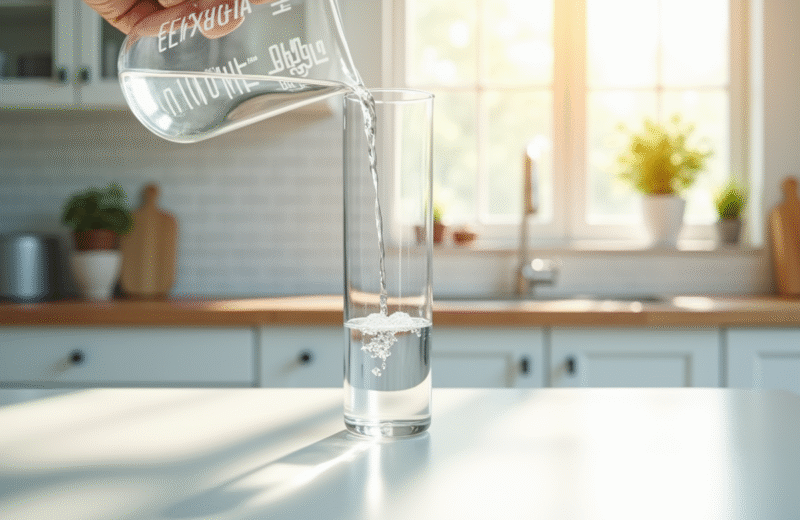 Verre mesureur versant 100 ml d'eau dans un cylindre