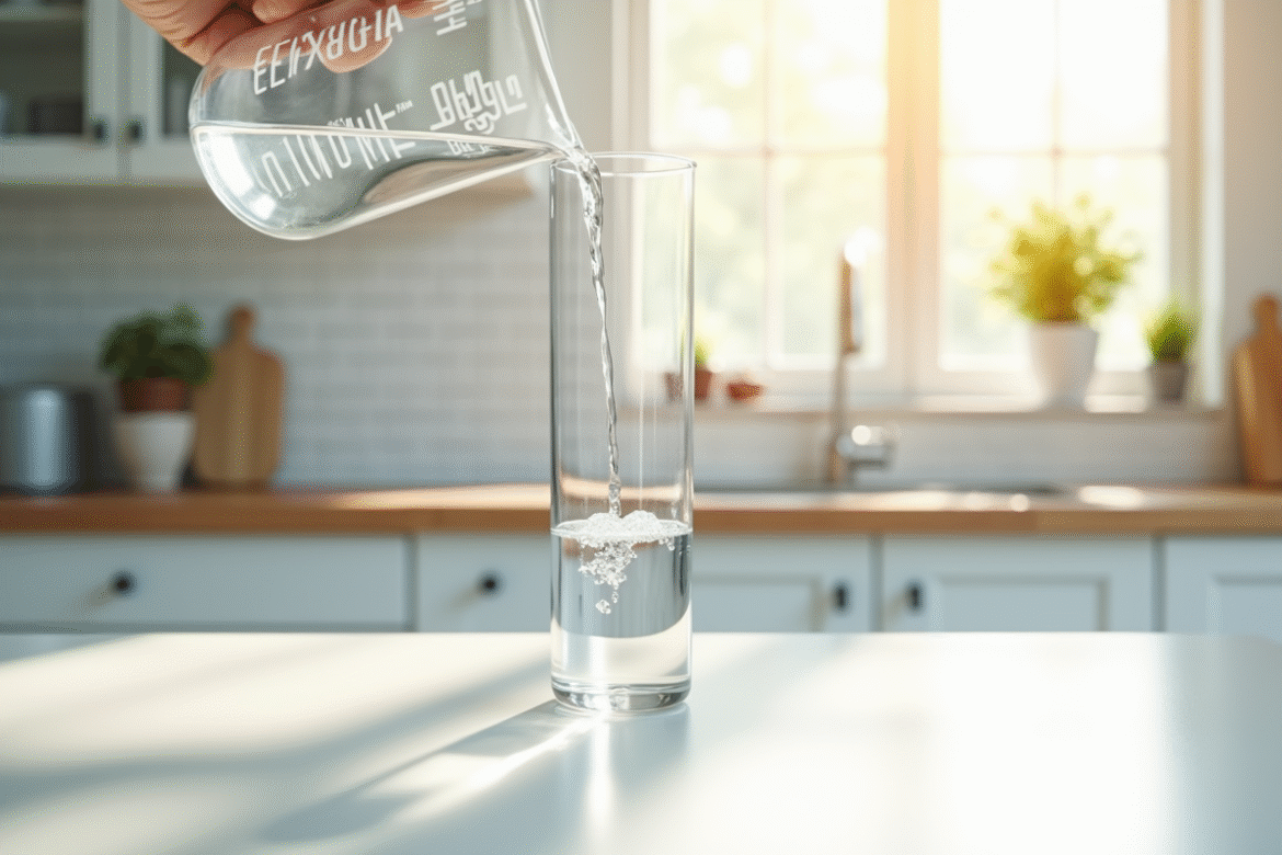 Verre mesureur versant 100 ml d'eau dans un cylindre