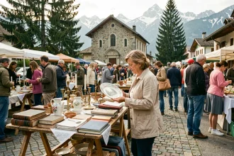 Vide grenier en Haute-Savoie dans un village de montagne avec tables de brocante et sommets enneigés en arrière-plan