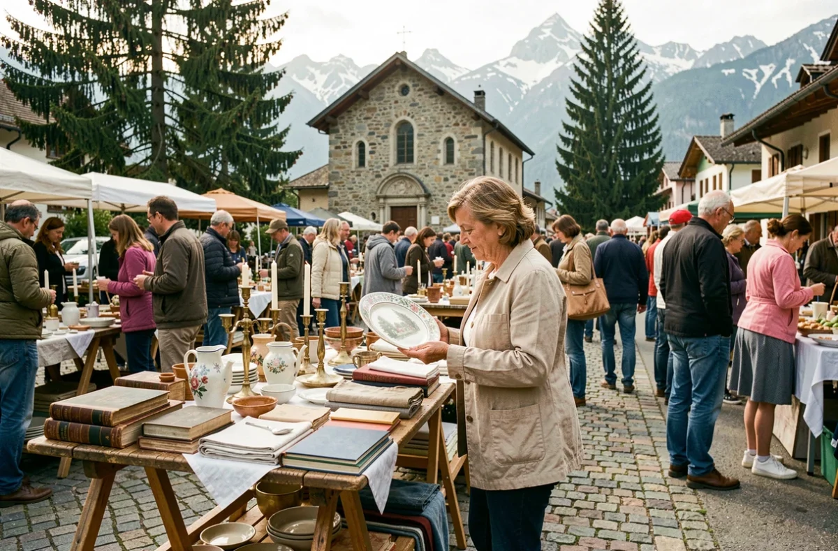 Vide grenier en Haute-Savoie dans un village de montagne avec tables de brocante et sommets enneigés en arrière-plan