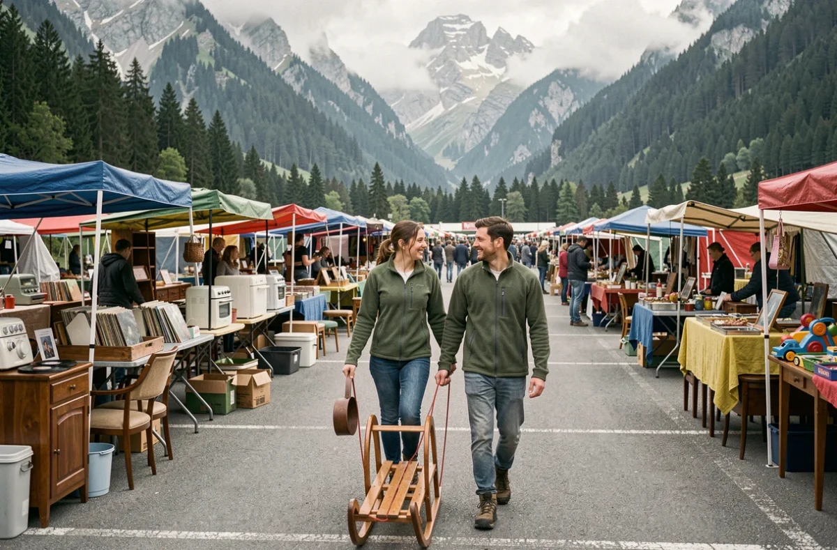 Vue panoramique d'un grand vide grenier en plein air en Haute-Savoie avec les Alpes en arrière-plan