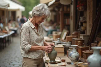 Femme examinant un vase en céramique vintage sur un vide-grenier en plein air dans un village de l'Yonne en 2026