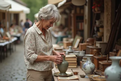 Femme examinant un vase en céramique vintage sur un vide-grenier en plein air dans un village de l'Yonne en 2026
