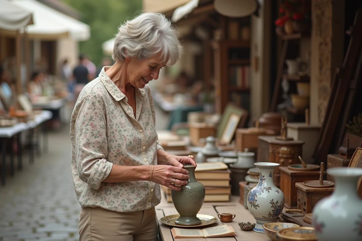 Femme examinant un vase en céramique vintage sur un vide-grenier en plein air dans un village de l'Yonne en 2026