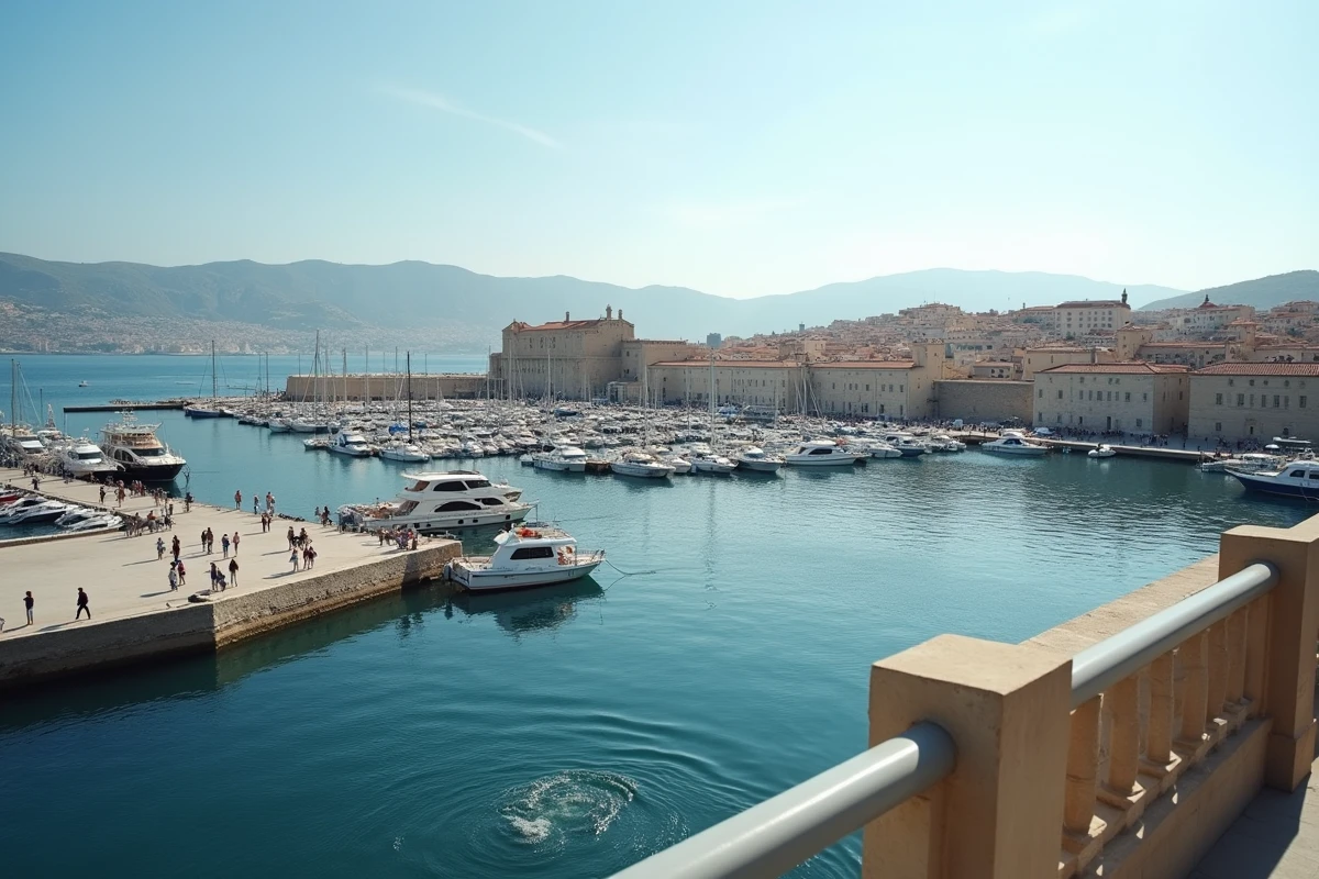 Vue panoramique du Vieux-Port de Marseille montrant la densité urbaine et l'activité de la ville