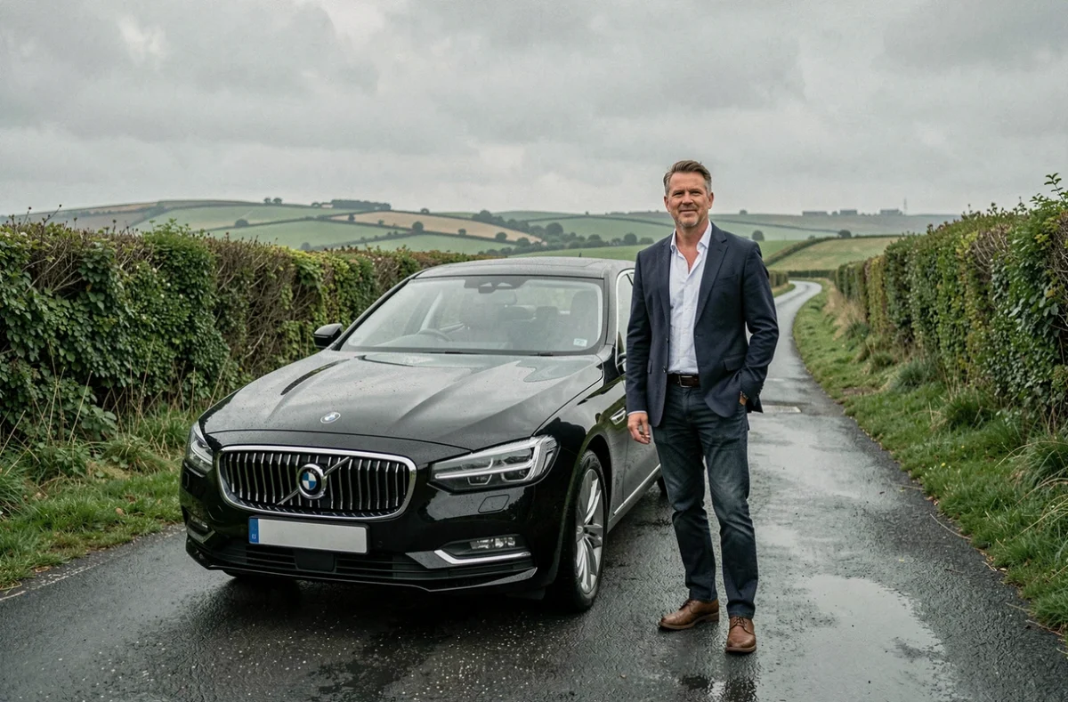Chauffeur VTC Normandie en veste sombre devant une berline noire sur une route de campagne normande avec haies et collines