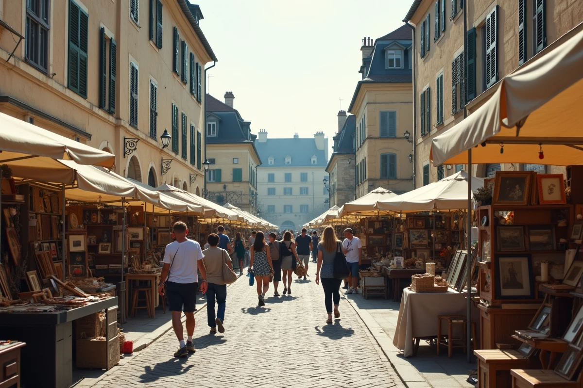 Vue panoramique d'un vide-grenier animé sur une place de village dans l'Yonne, avec des rangées de stands et des visiteurs en 2026